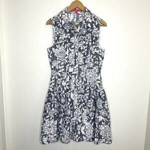 Betsey Johnson Full Button Dress Floral Grid Burnout Womens 4 Navy Blue White
